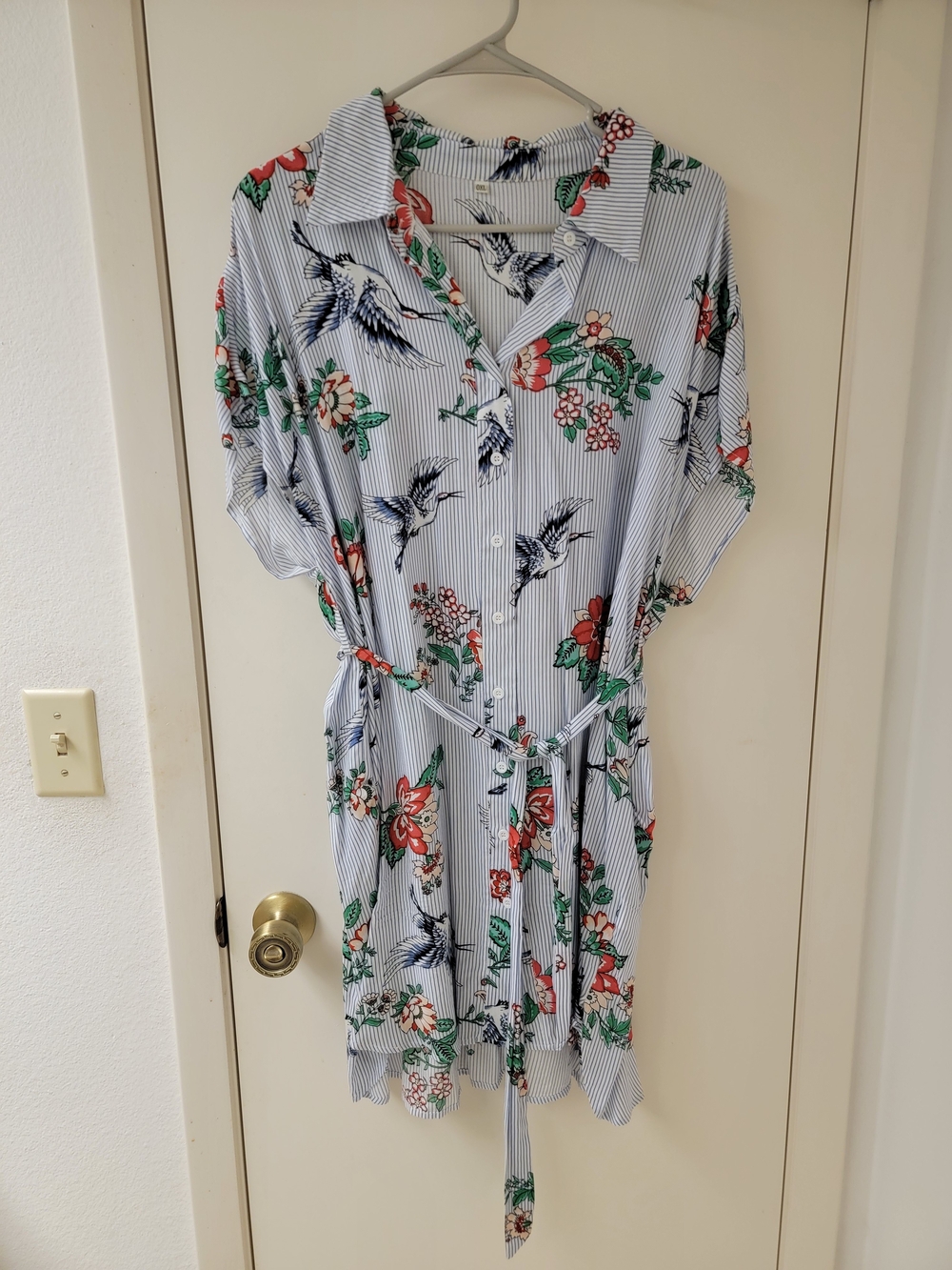 Striped Floral Crane Print Shirt Midi Dress with Tie Waist in White & Blue